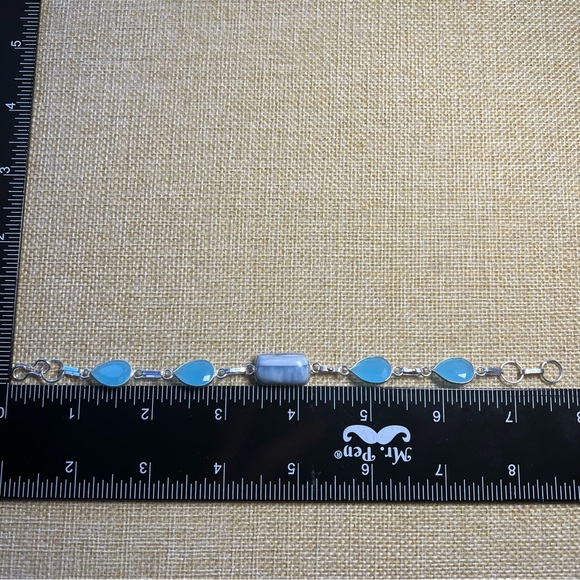 New Blue Owyhee Opal w Chalcedony Stone Sterling Silver Overlay Toggle Bracelet - Picture 5 of 7